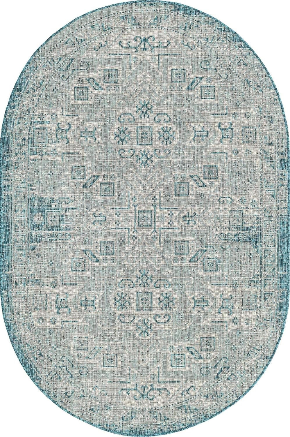 Teal & Ivory Aztec Outdoor Area Rug – Coba 5’3″ x 8′ Oval