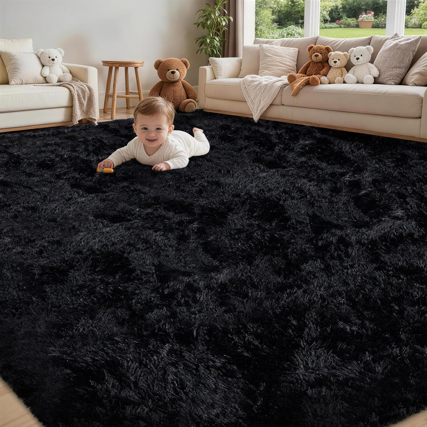 8×10 Area Rug for Living Room:Ultra Soft Fluffy Shag Black Rugs,Large Fuzzy Plus