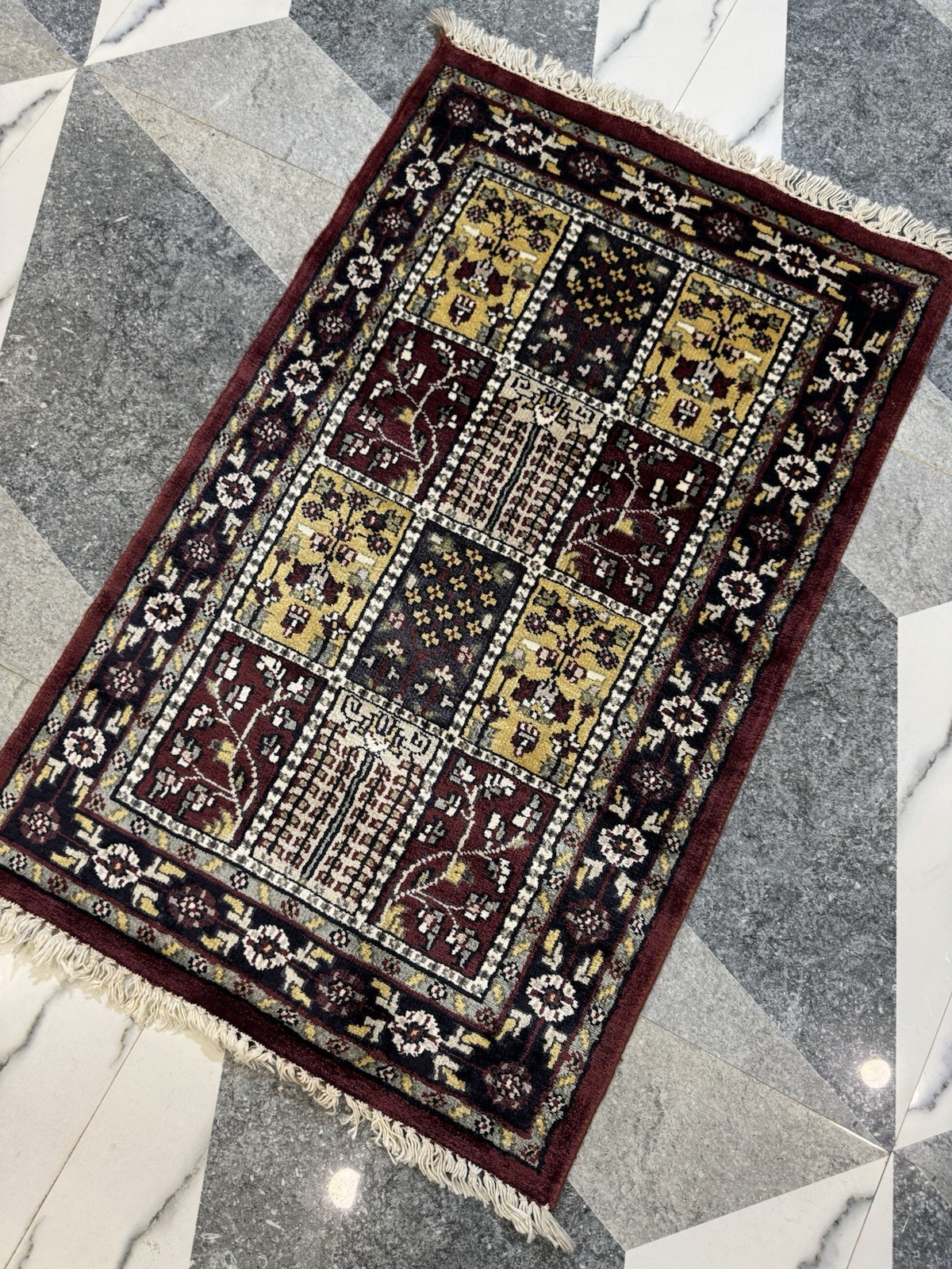 Hand knotted wine red wool art silk rug: 2x3ft Mughal garden tree design