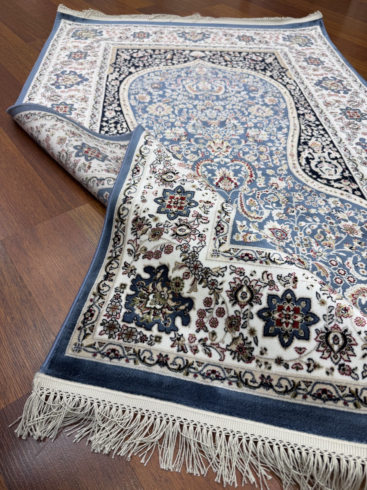 Turkish Silk Prayer Rug 3×5 FT Blue Islamic Seccade Brand New