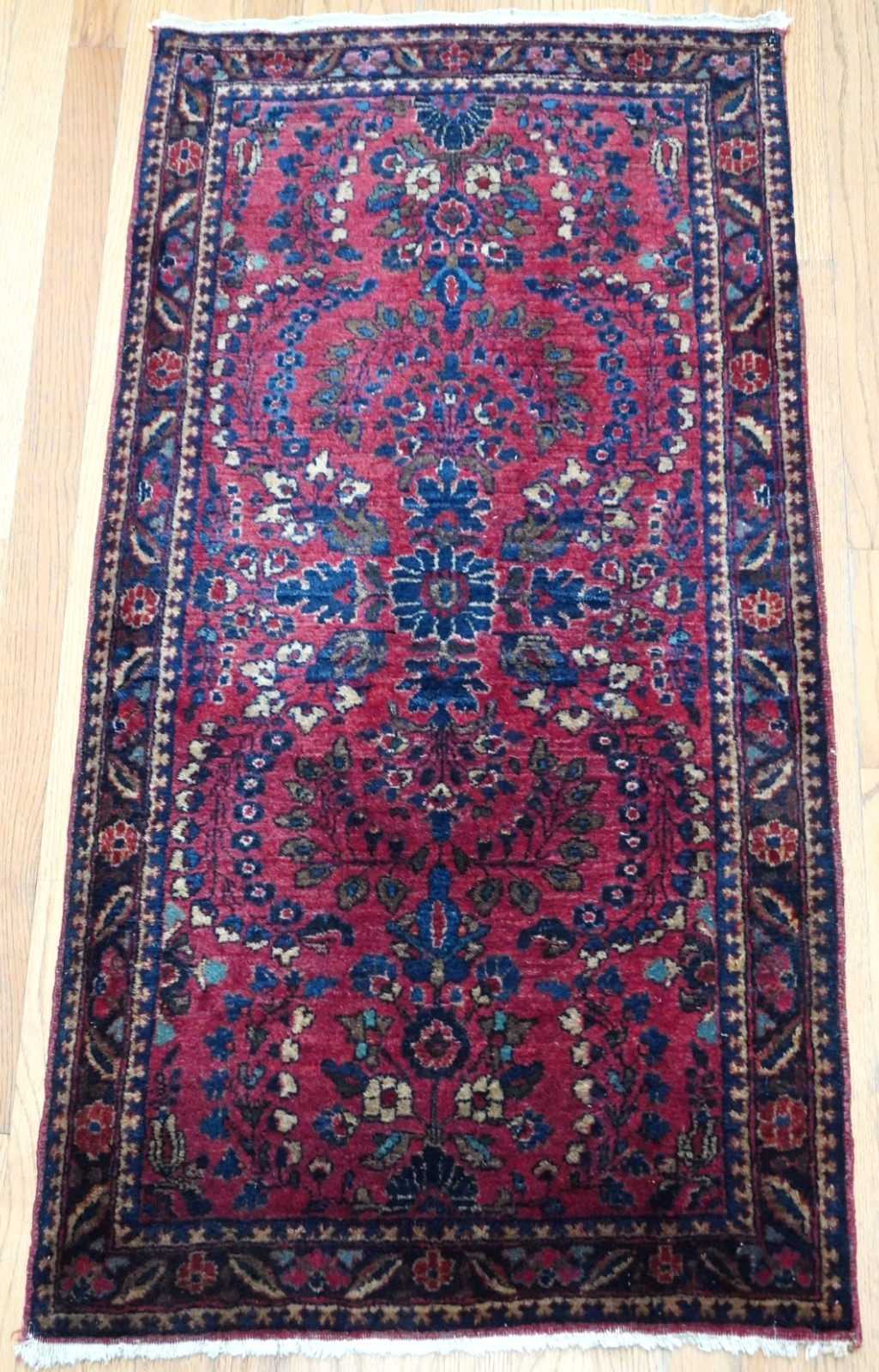 Antique Hand Knotted Saroukk 2′ x 4’3″ Wool Floral Red Oriental Rug