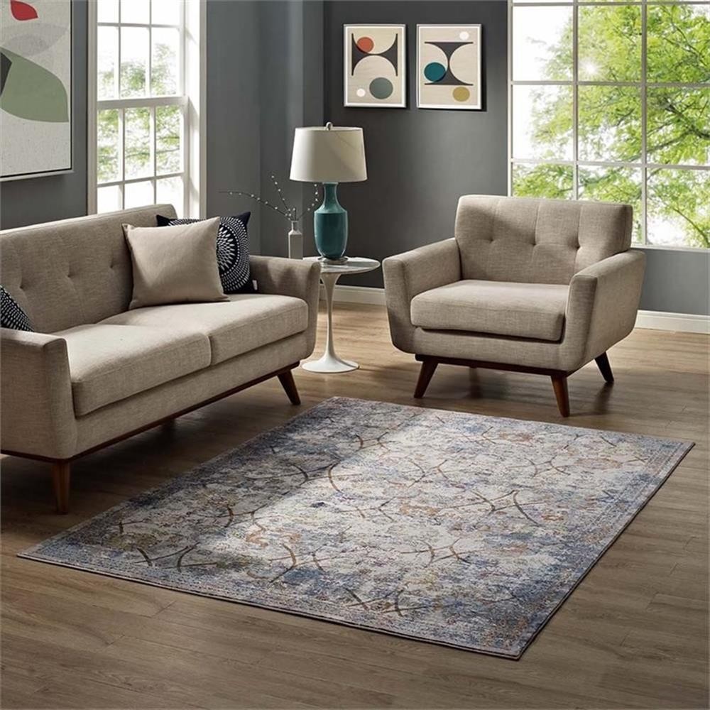 Pemberly Row 94.5×122″ Floral Lattice Area Rug in Light Blue/Yellow/Orange