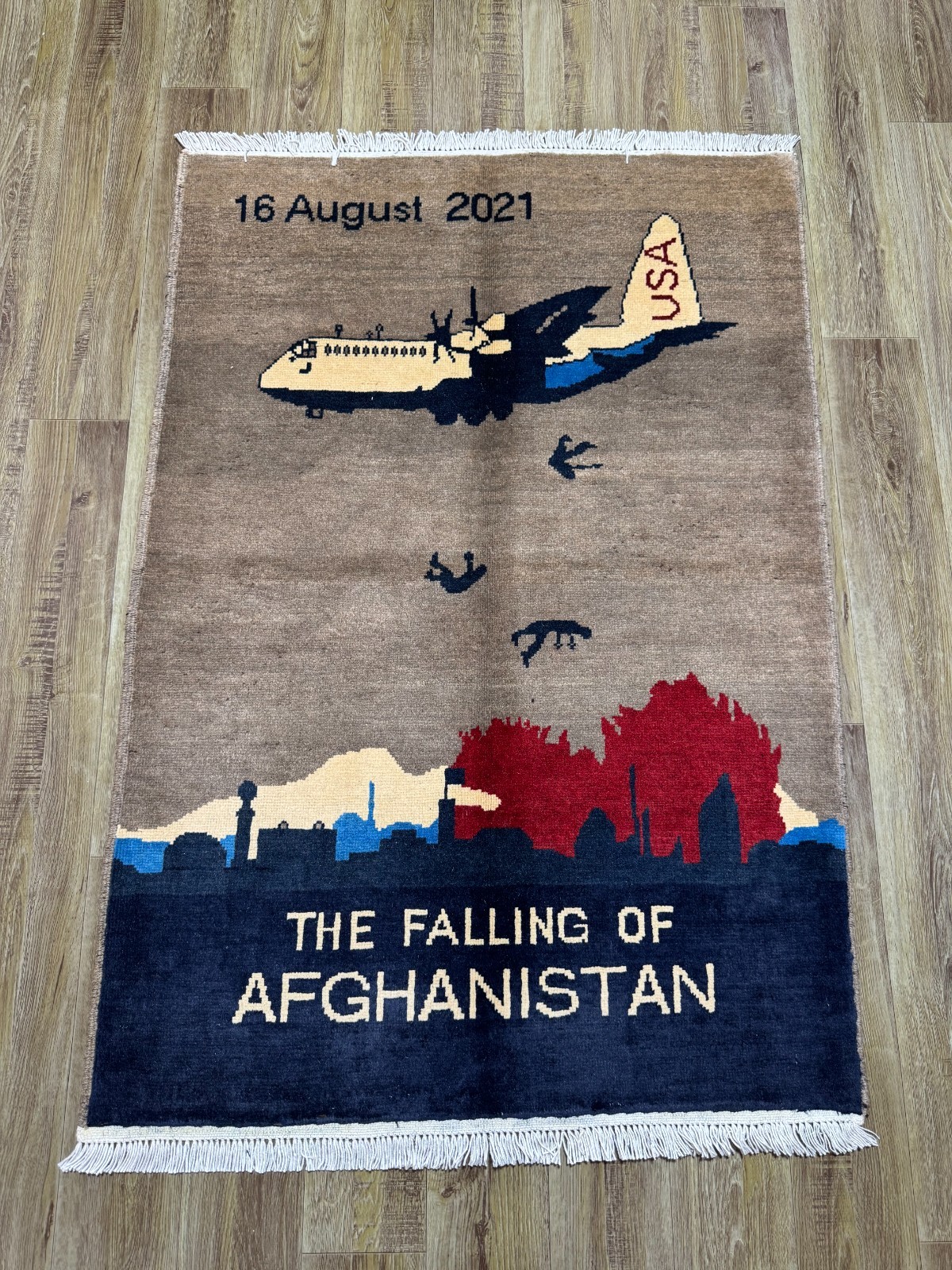 2×3 Afghan Historical Pictorial Rug USA Aircraft Kabul Folk Art Wool Carpet