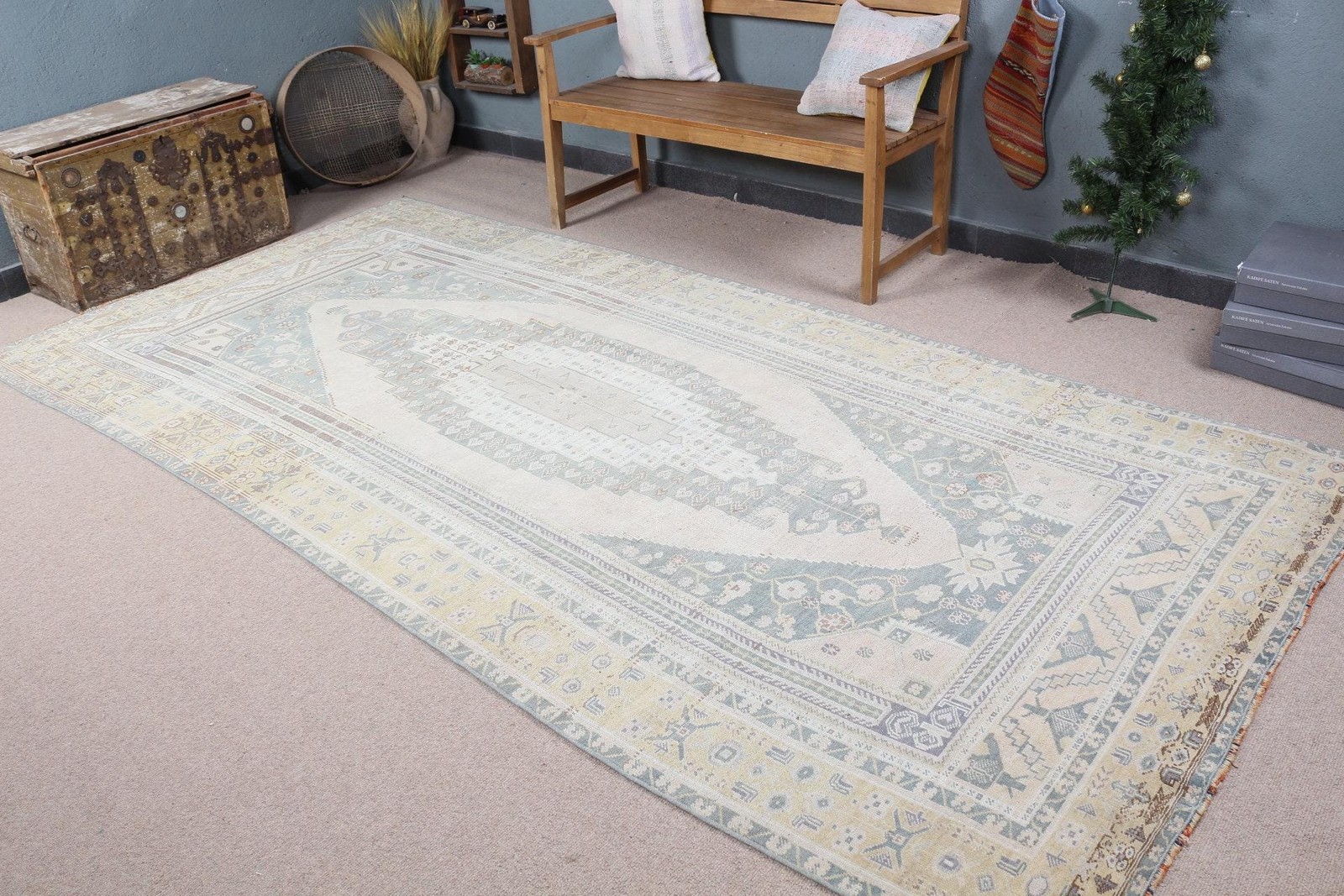 5,2×10,9 ft Vintage Rug, Turkish Large Rug, Blue White Southwestern Wool Rug