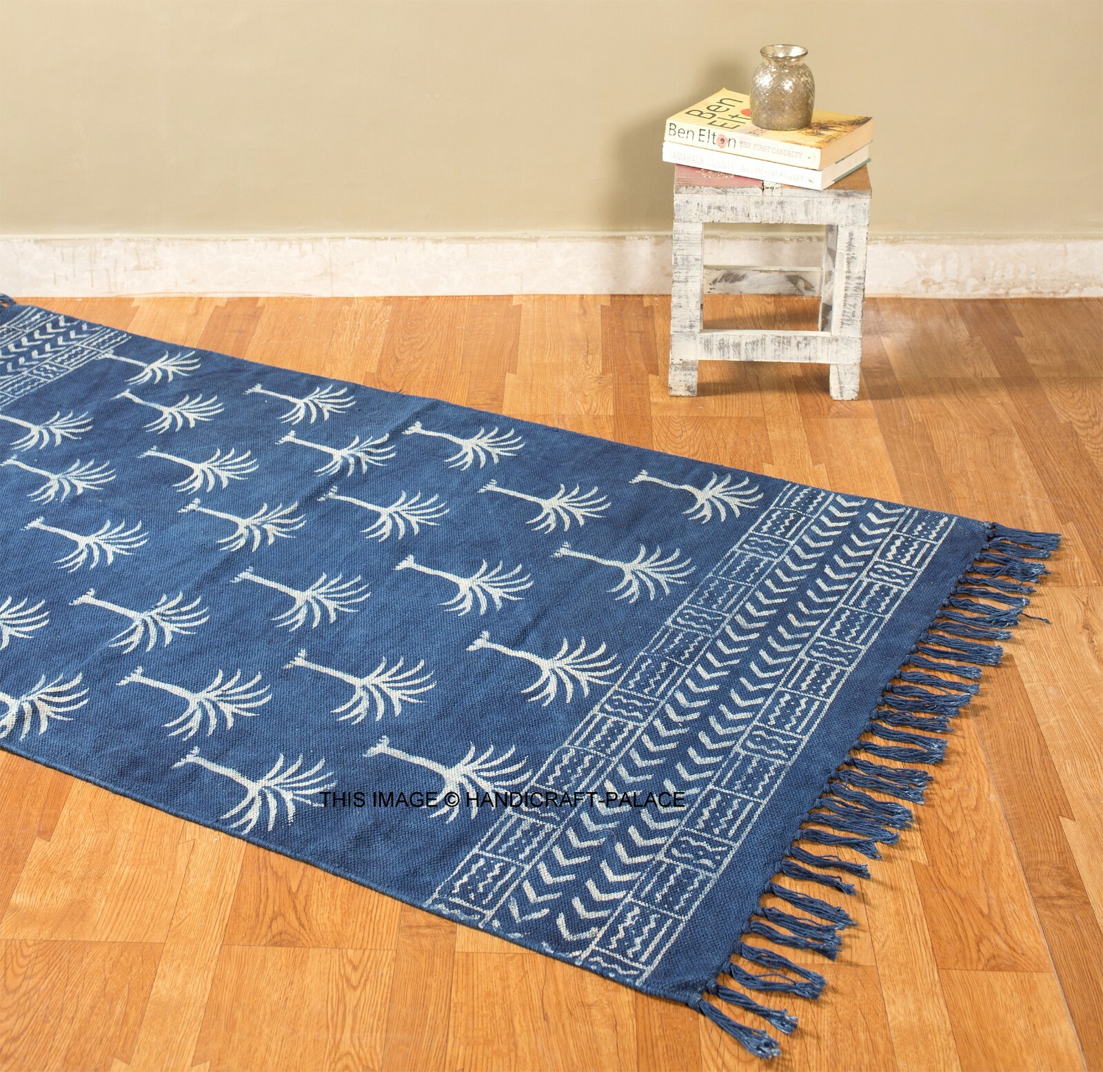 Indigo Blue Rag Rug Hand Block Palm Tree Print Indian Area Dhurrie Cotton Rug
