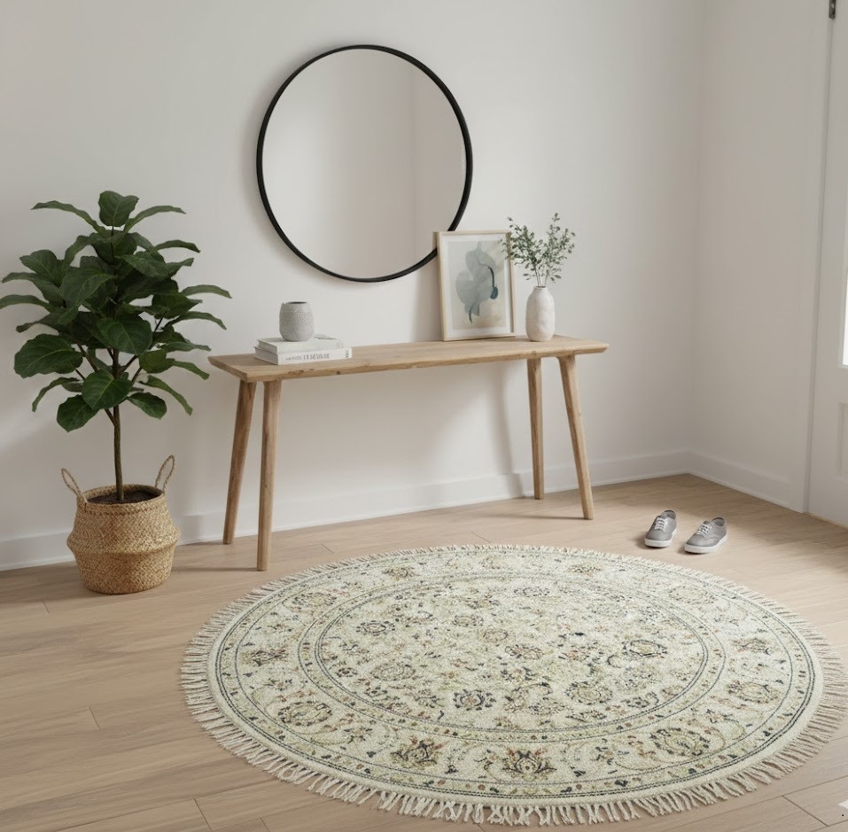 Cream Floral Design 4X4 Indo-Nain Oriental Round Rug Home Decor Carpet