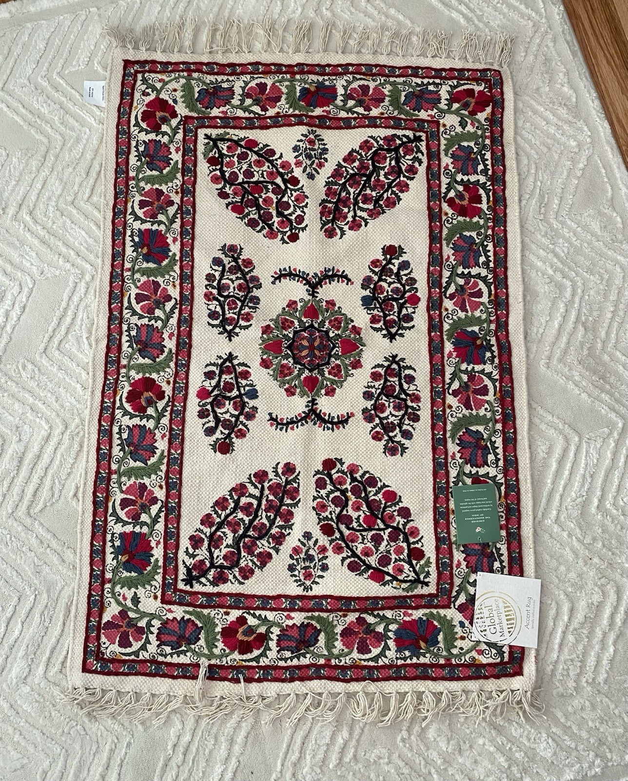 NWT Anthro-style Embroidered Floral Cotton Accent Rug 27”x42”
