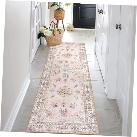 Pink 2’6″x8′ Runner Rugs for Hallway, Europe Vintage Floral Print Washable