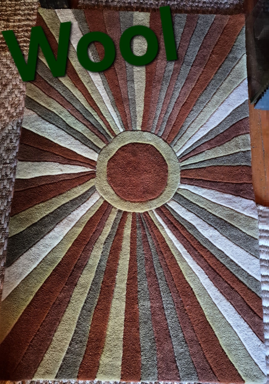 Luxurious 100% Wool 🐑 Rust/Olive SUNBURST Hand-made Rug 3’x5′ 100% Cotton Base