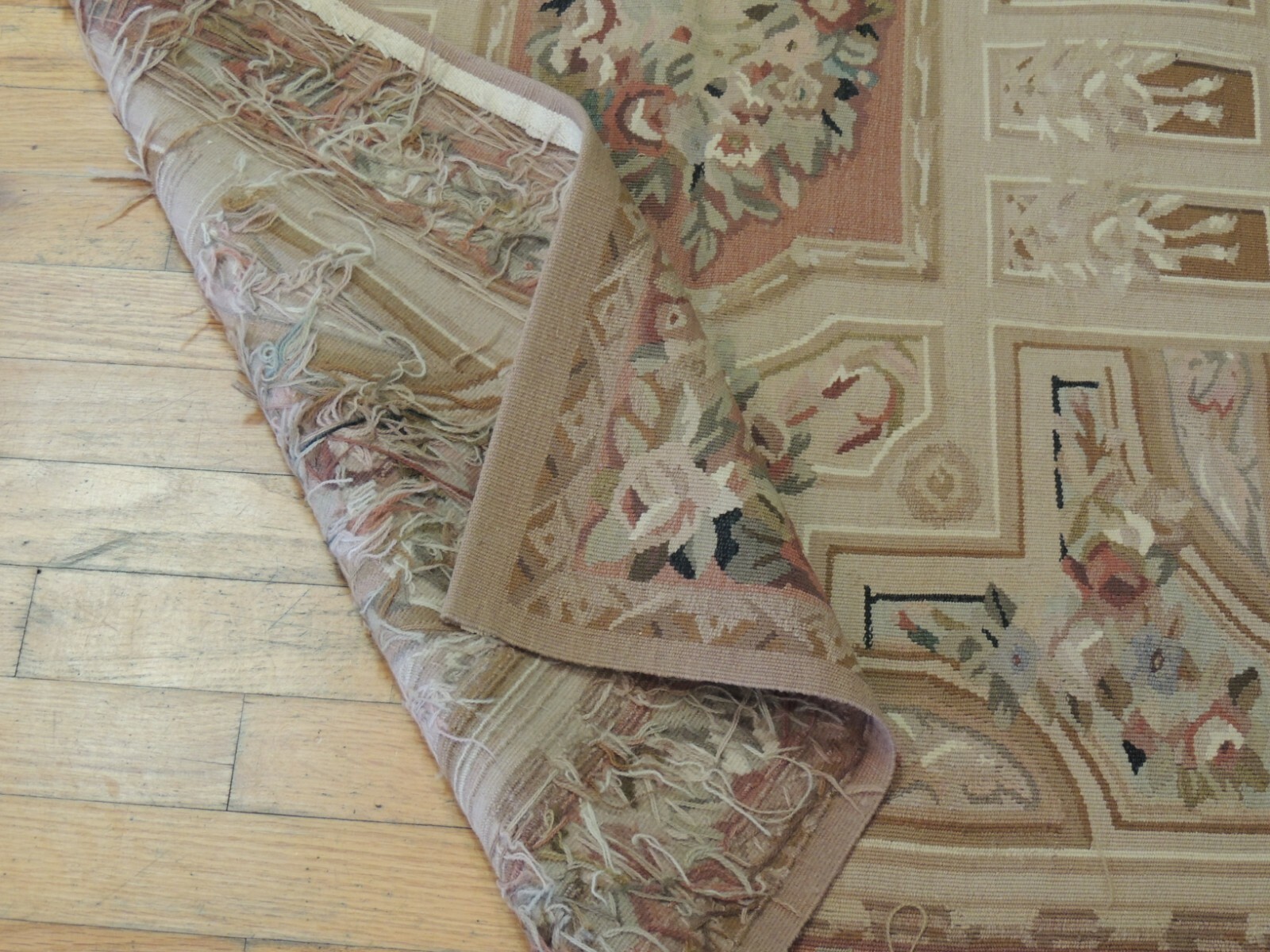 3×5 French Aubusson Area Rug Floral Beige Brown Rust Coral taupe wool hand knot