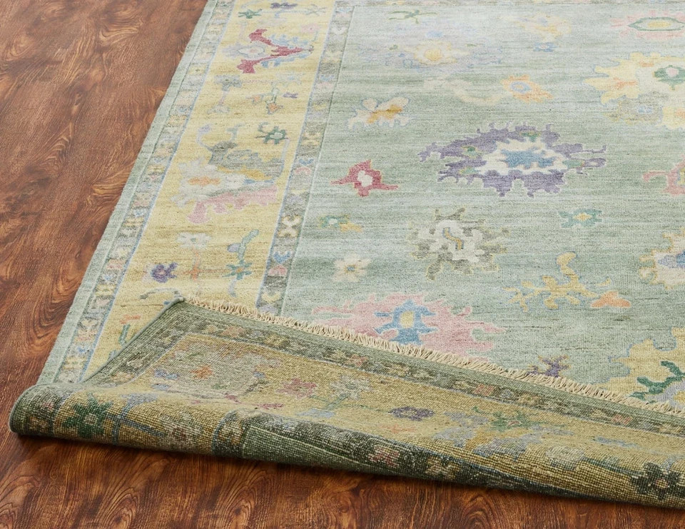 Hand Knotted Oushak Rug Sage Green Wool Area Rug Vintage Turkish Carpet