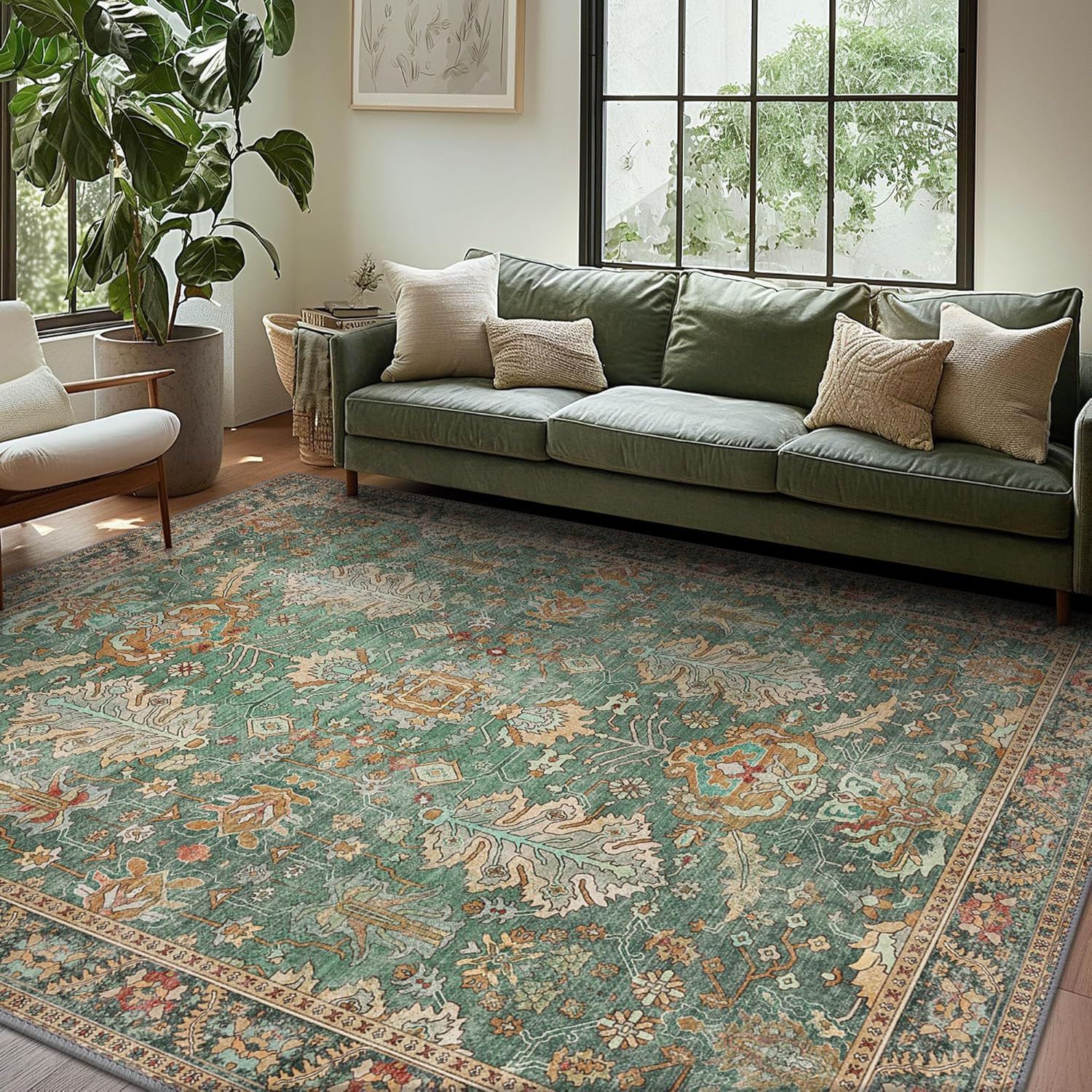 Washable Area Rugs 8×10 Green Boho Rug Tumble Vintage Large Carpet for Li