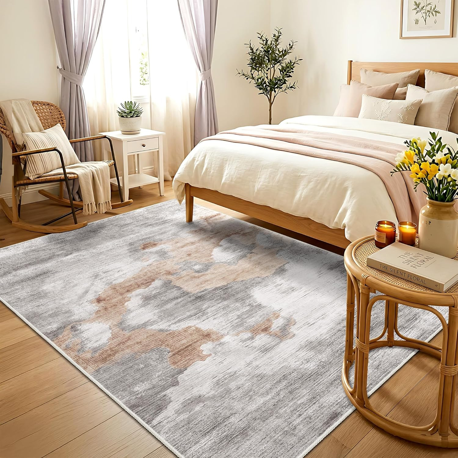 Modern Grey 5×7 Washable Area Rug – Non-Slip Abstract Marble Design