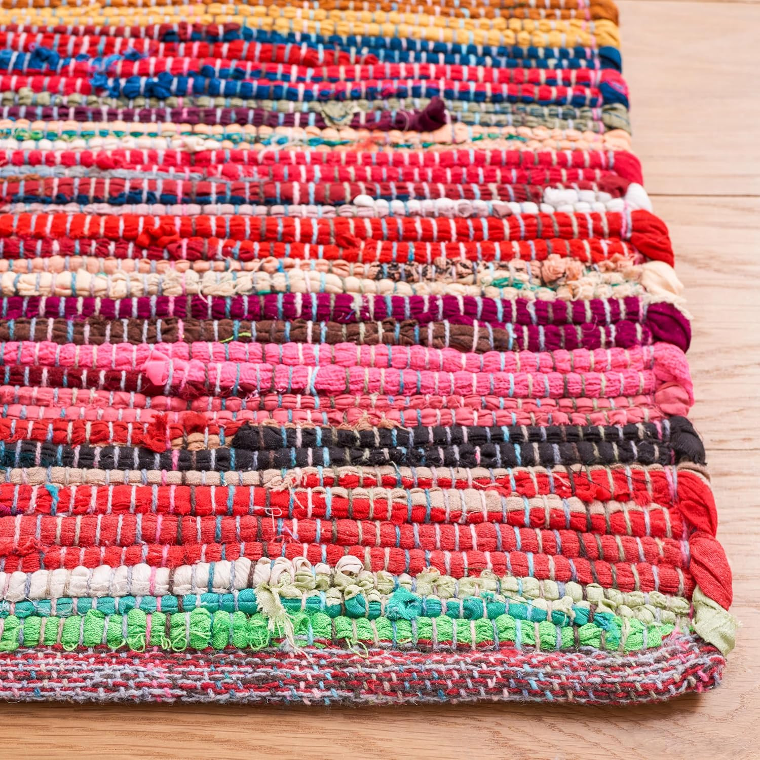 Handmade Boho Stripe Rag Rug – 6′ x 9′, Red & Multi, Perfect for High Traffic Ar