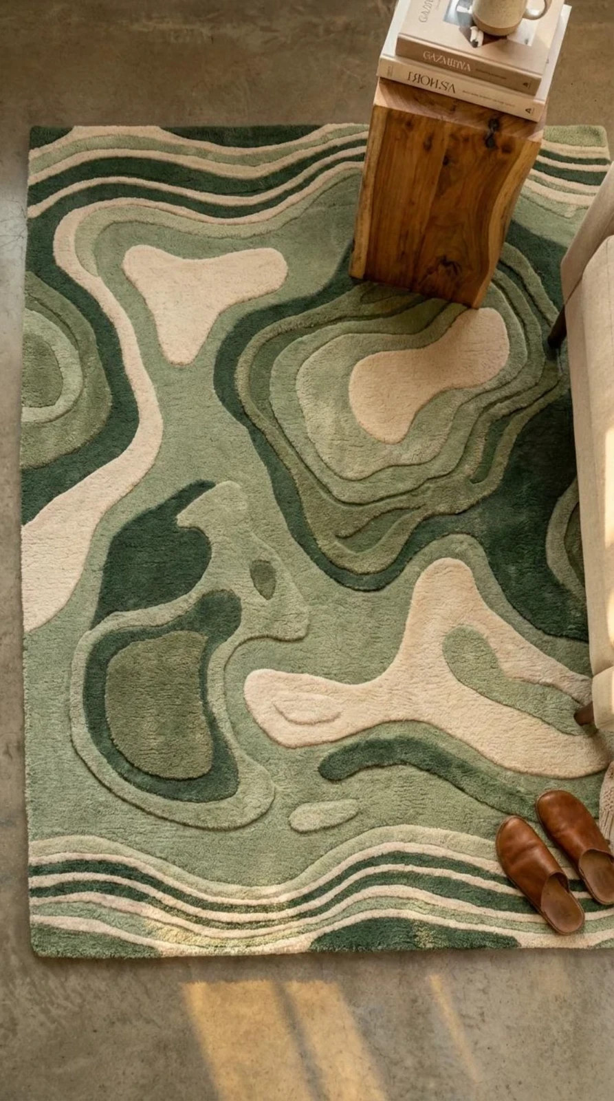 Hand Tufted Green Abstract Rug, Modern Organic Area Rug, Wool Living Room Carpet