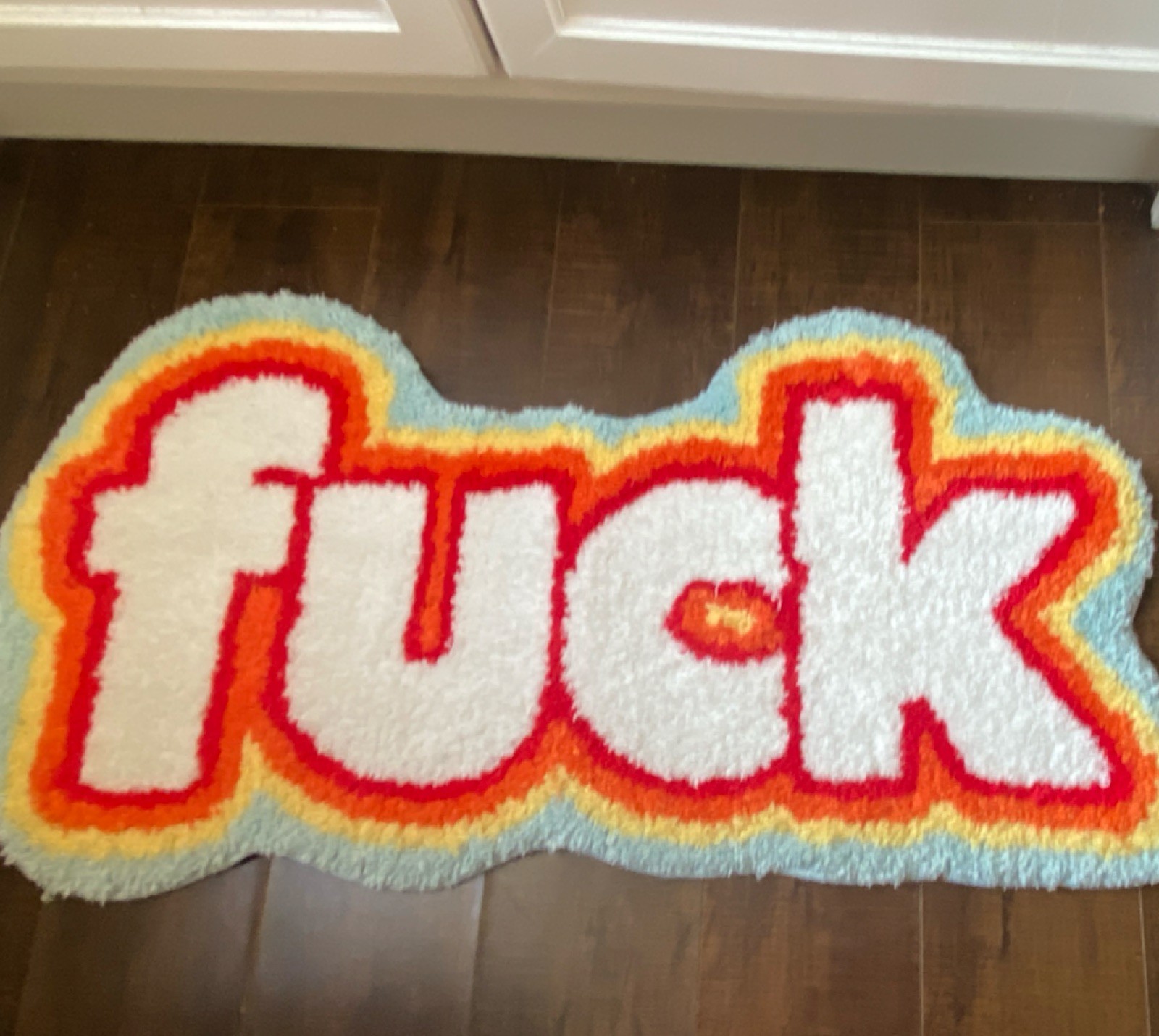 Novelty Area Rug Letter Pattern Text Design, White Red Orange Yellow Light Blue