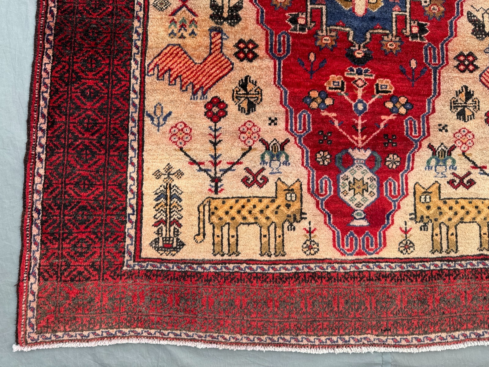 4×8 Handmade Afghan Turkoman Pictorial Rug Animal Motif Wool Carpet Vintage
