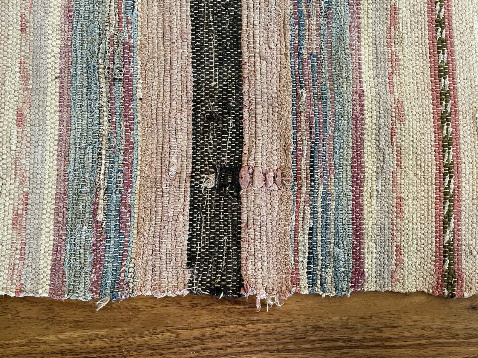 VTG Handmade Woven MCM Rag Rug 80×34 Farmhouse Country Blue Red Black Brown