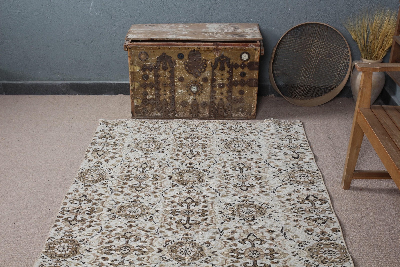Turkish Rug, 4,2×8 ft Area Rug, Brown Moroccan Wool Vintage Rug