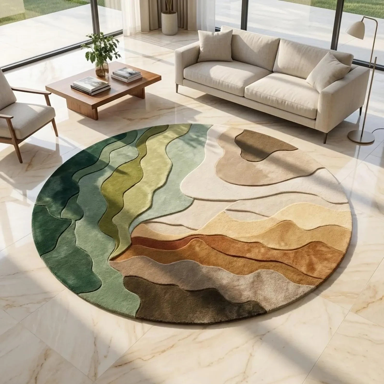 Round Green Moss Rug, Tufted Wool Earth Tone Carpet, Abstract Topographic Circle