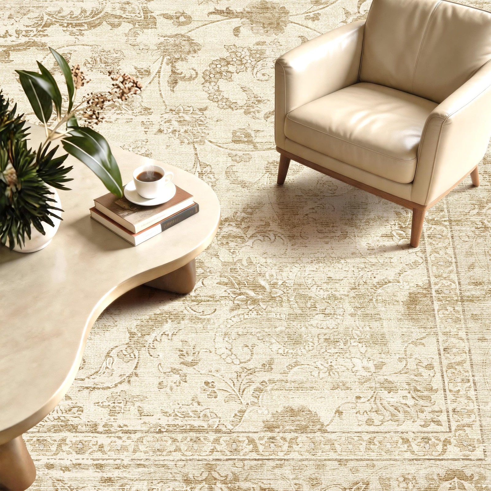 Beige Washable Rug 5×7,Non-Slip Neutral Vintage Boho Carpet Thin