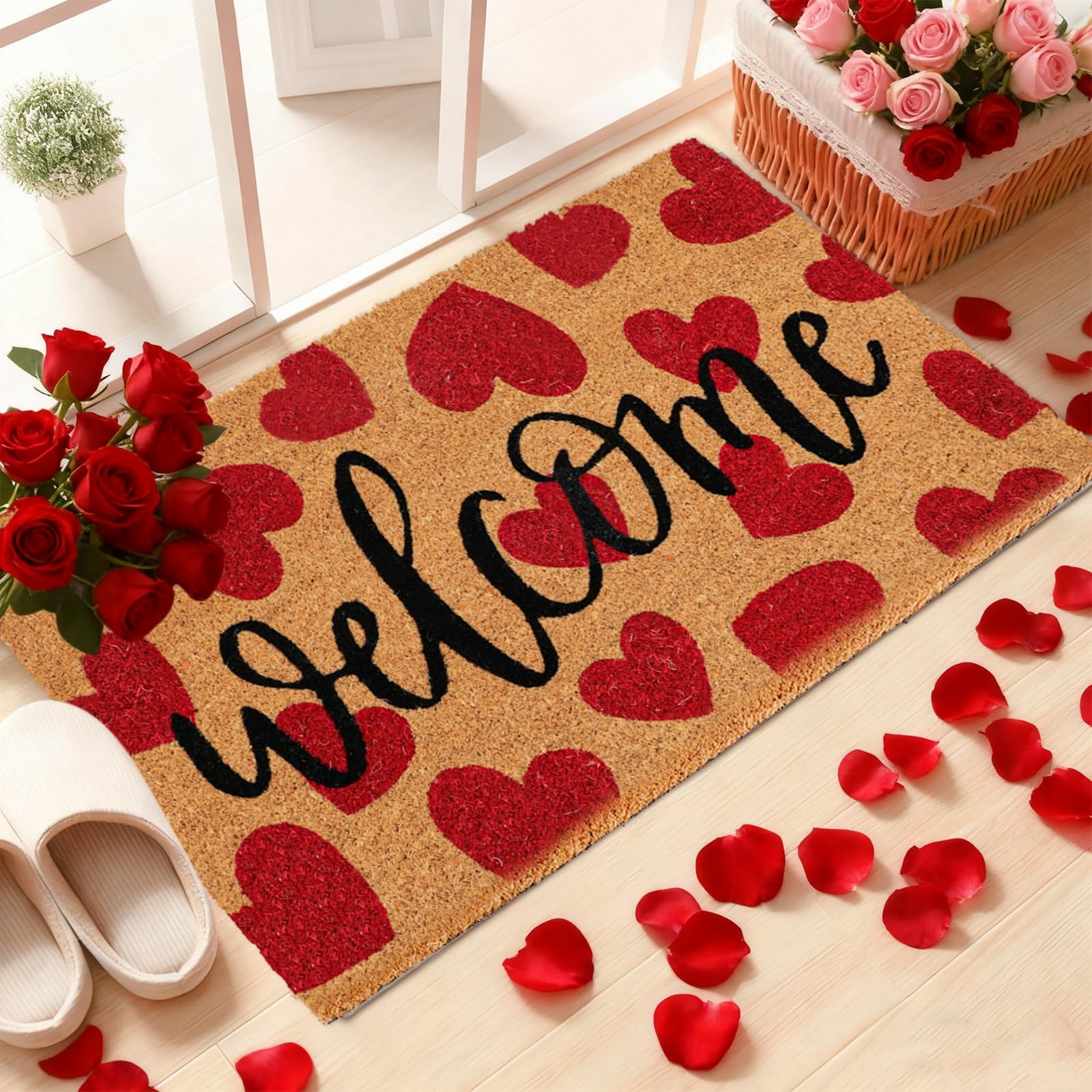 JarThenaAMCS Valentine’s Day Door Mat Natural Coir Welcome Floor Mat Red Love He