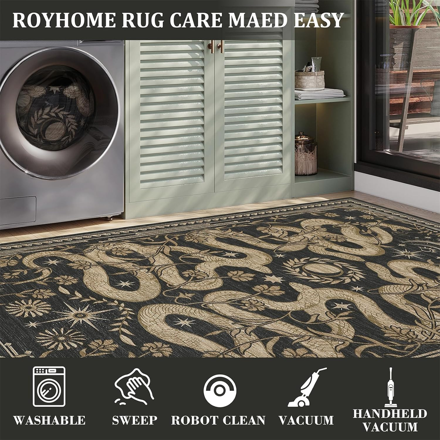 Snake Washable Rugs 5X7 Area Rug for Living Room Forest Soft Low-Pile Stain Resi