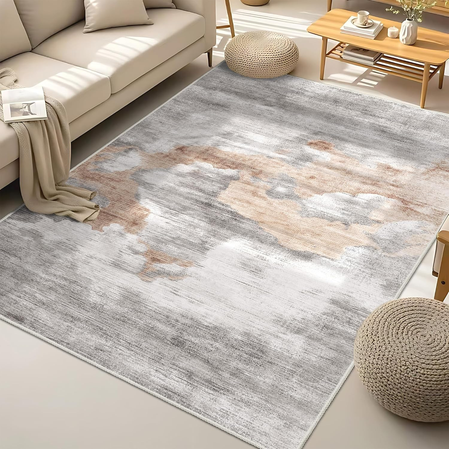 Modern Grey 5×7 Washable Area Rug – Non-Slip Abstract Marble Design