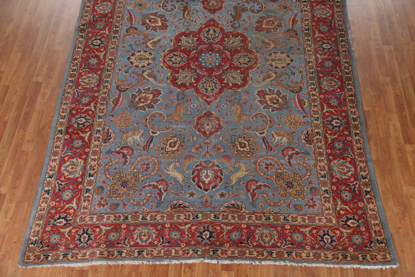 Vegetable Dye Light Blue Tebriz Handmade Floral Animal Design Antique Rug 8’x12′