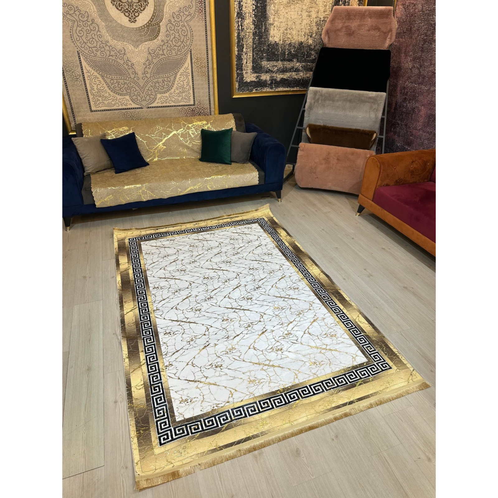 Glam Greek Border Carpet | Elegant Shiny Living Room and Hallway Rug