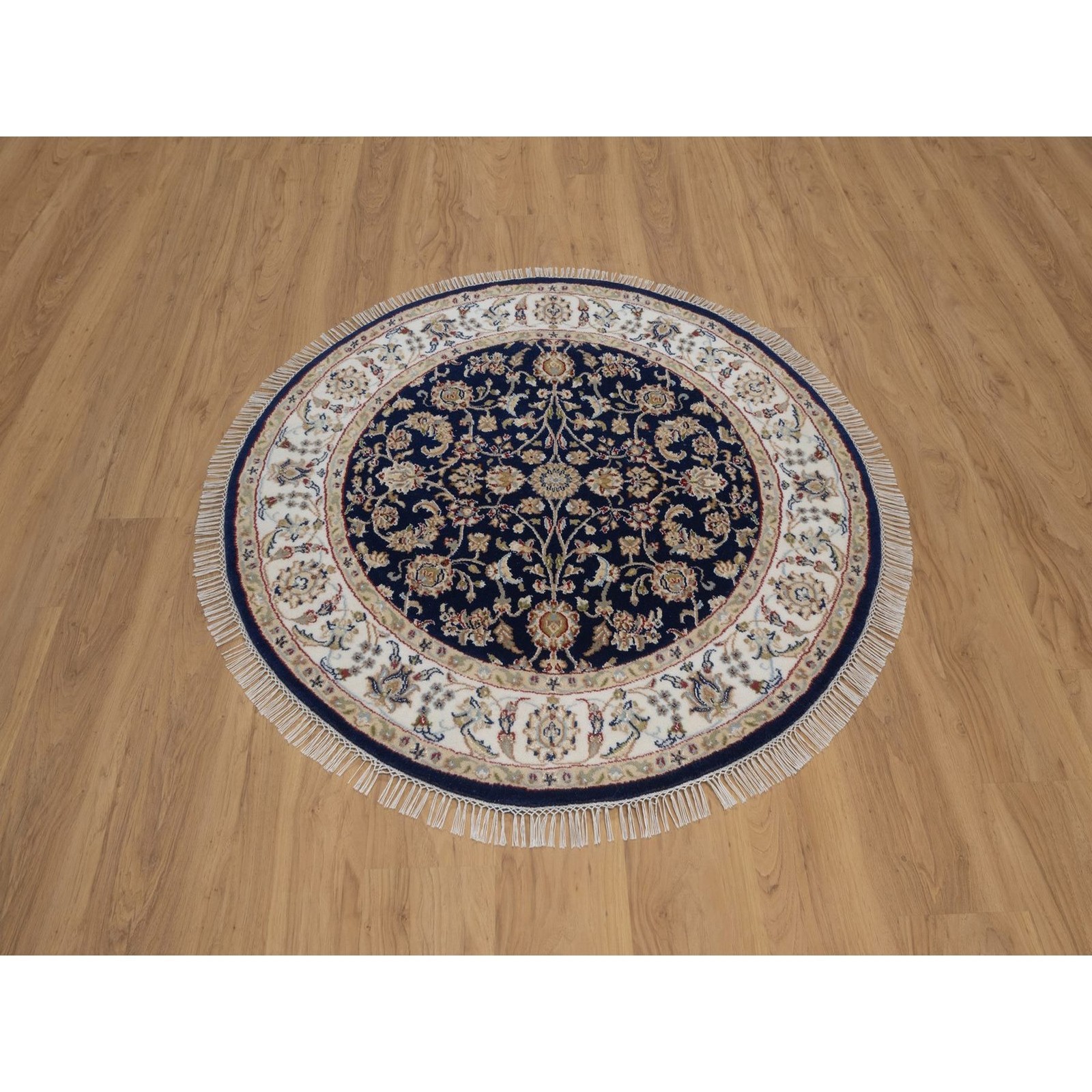 4’3″x4’3″ Midnight Blue Wool and Silk Nain Flower Design Hand Knotted Round Rug