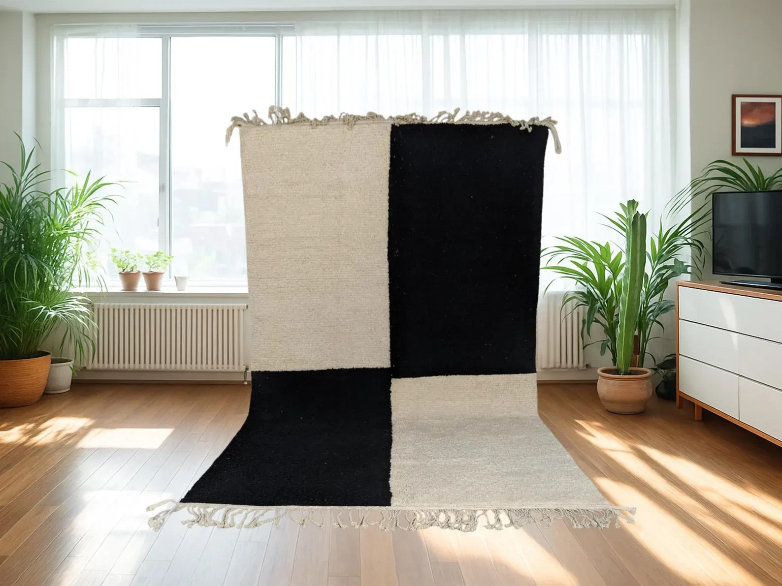 Design Color White and Black Moroccan Berber Beni Ourain Wool Handmade Carpet Ru