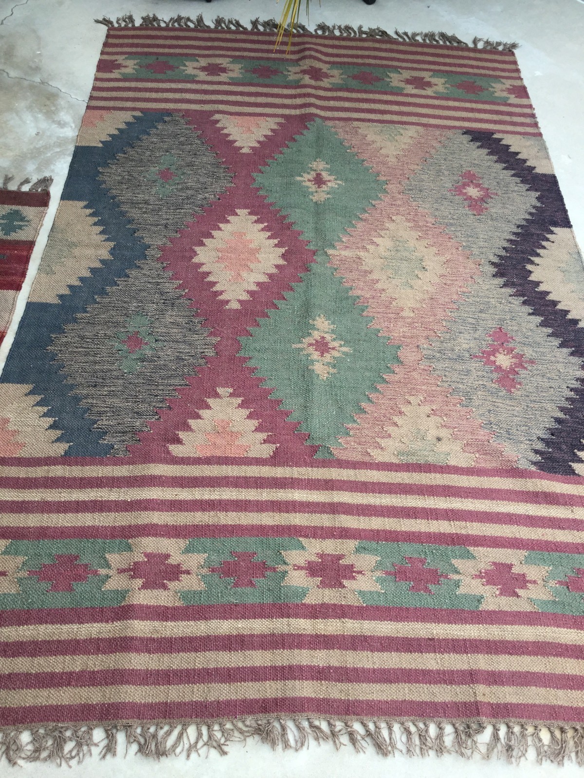 NWT Southwest Design Pattern Kilim Rug Jute/wool Fringe Area Rug Reversible 5×8