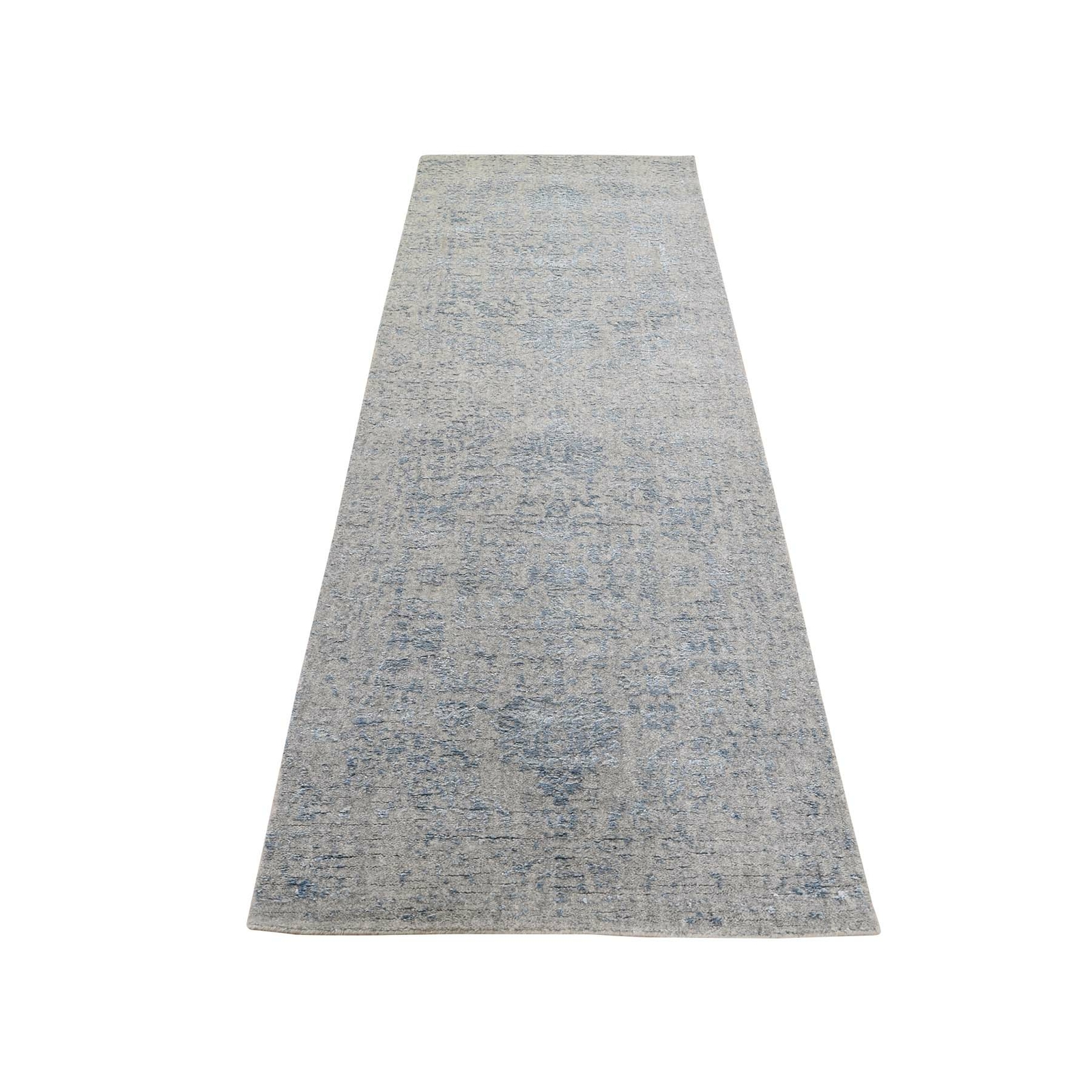 2’5″ x 9’10” Jacquard HandLoomed Silken Grey Broken Design Runner Rug R45569