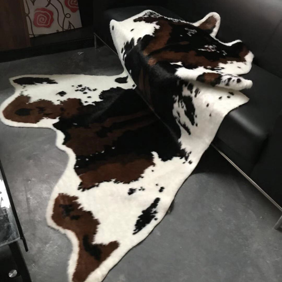 3.6’X3.2′ Premium Faux Fur Cowhide Area Rug Throw Brown White Spotted Cow Carpet