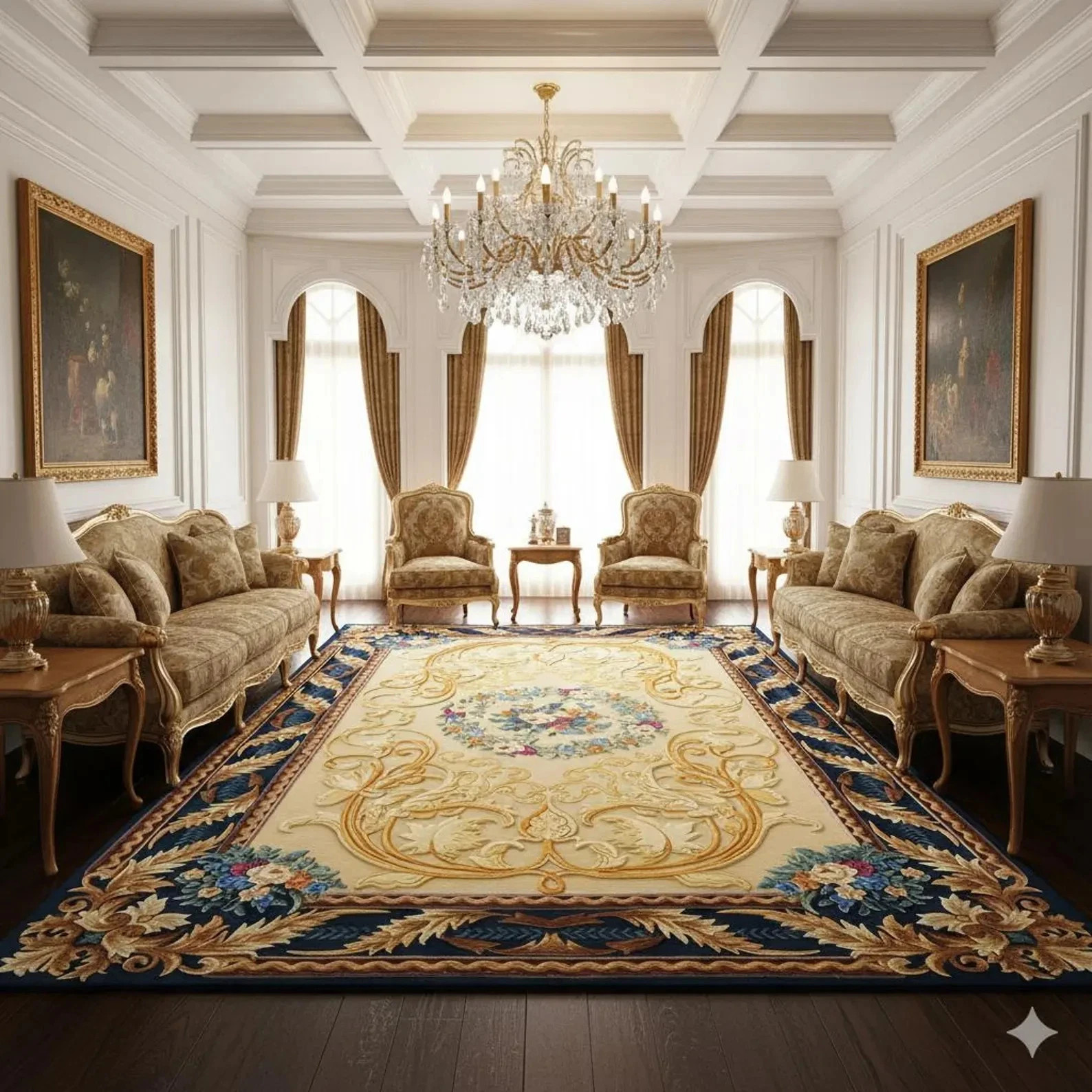 New Style Hand-Tufted Wool , French Floral Medallion with Navy Rug Carpet