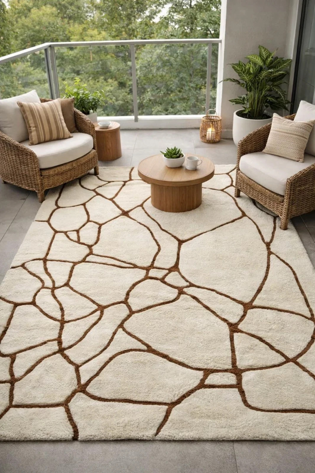 Hand Tufted Wool Area Rug Cream Beige Modern Abstract Brown Line Cobblestone rug