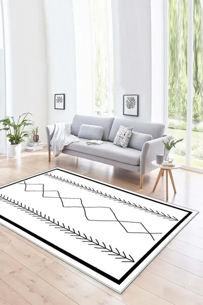 Black White Washable Non-Slip White Living Room Carpet Kitchen Rug