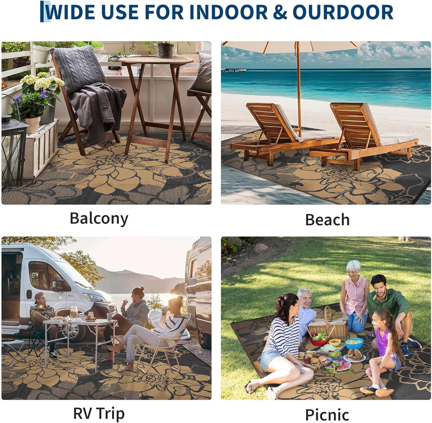 Reversible 9×12 Outdoor Rug – Waterproof Floral Patio Carpet for Garden & RV