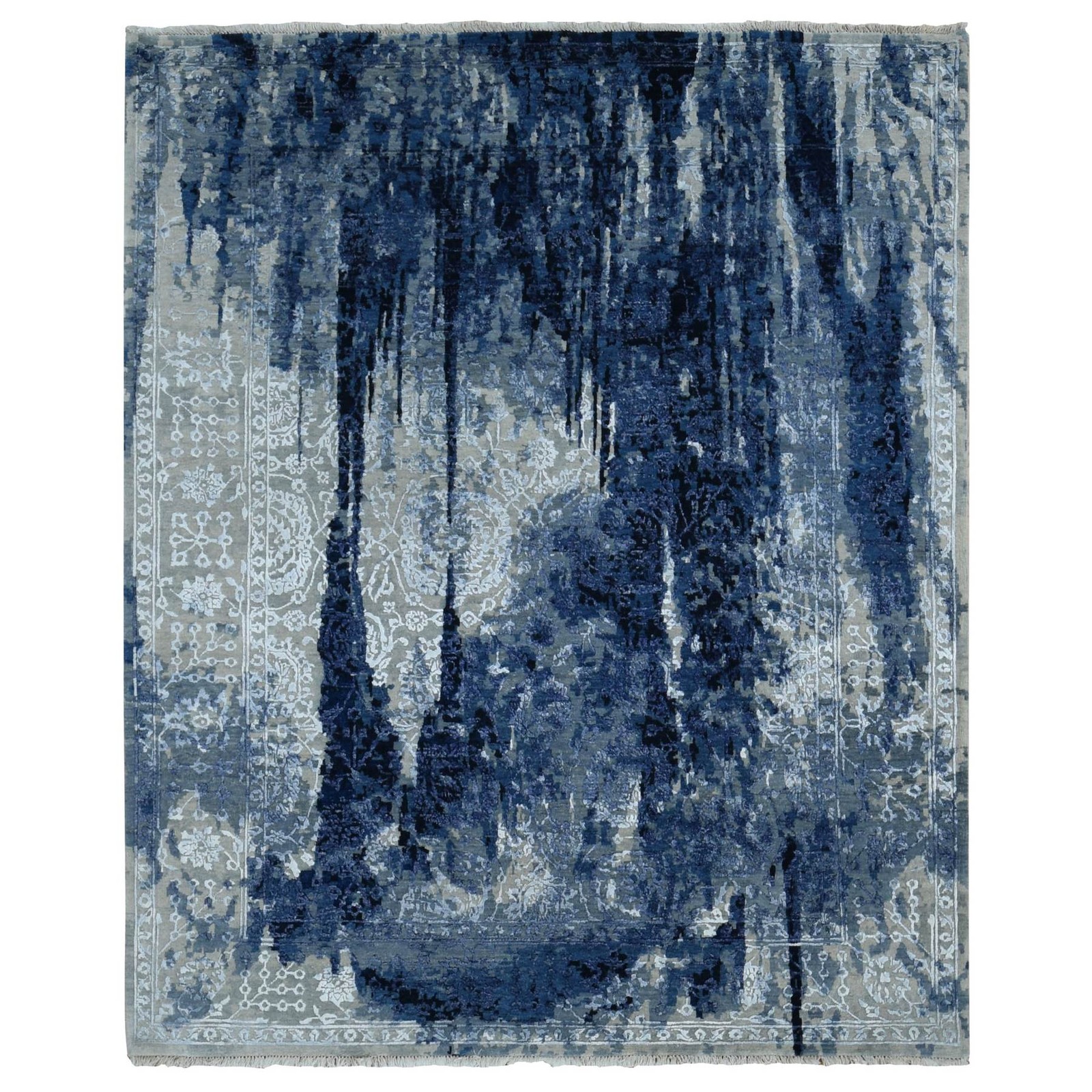 12’x14’9″ Denim Wool and Silk Shibori Design Hand Knotted Oversized Rug r87667