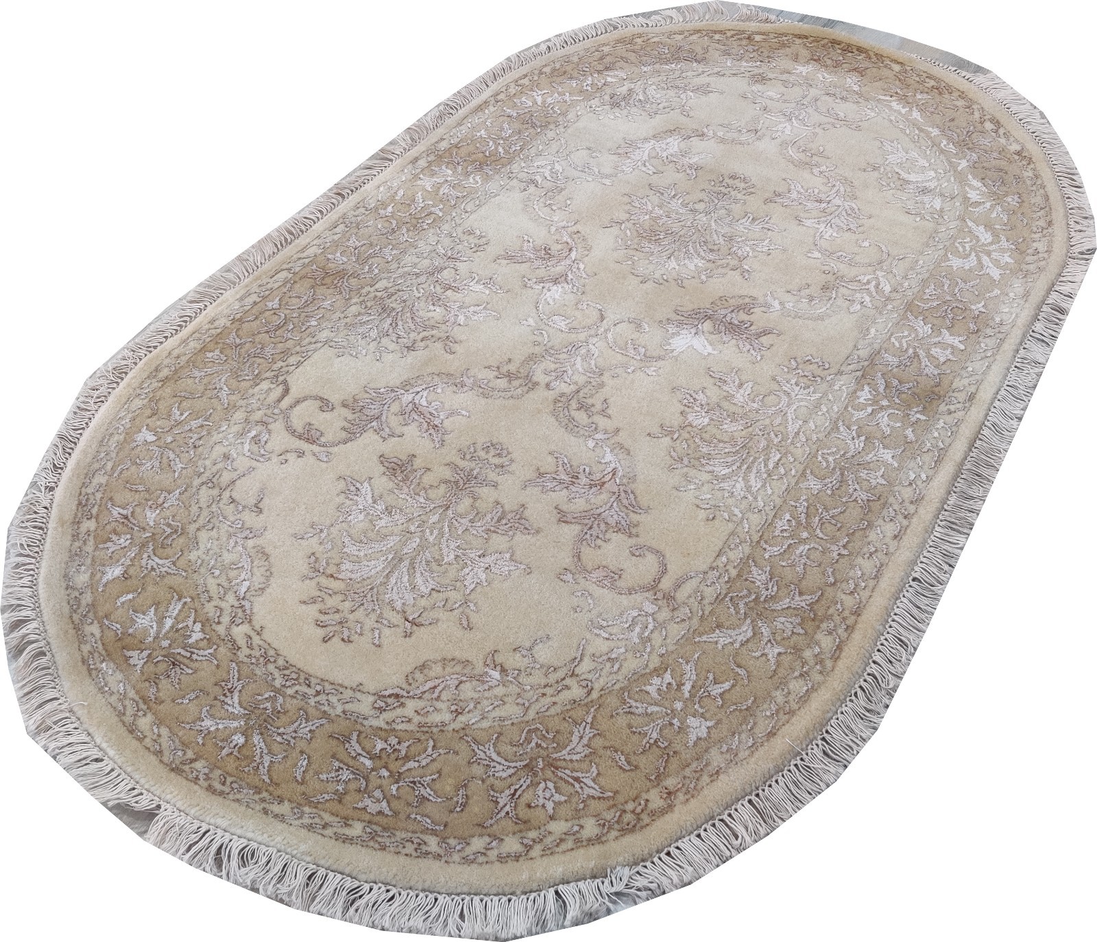 Damask Cream Gold 3 x 5 Hand Knotted Wool Rug for Bedroom 90×160 cm Oval Carpet