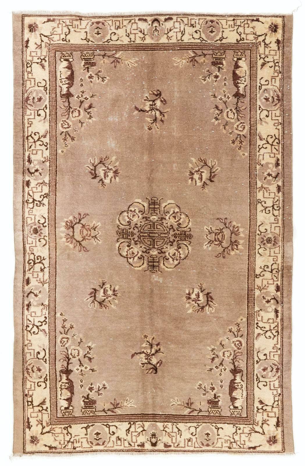 5.2×8 Ft Art Deco Chinese Rug in Soft Faded Taupe, Brown and Beige Colors