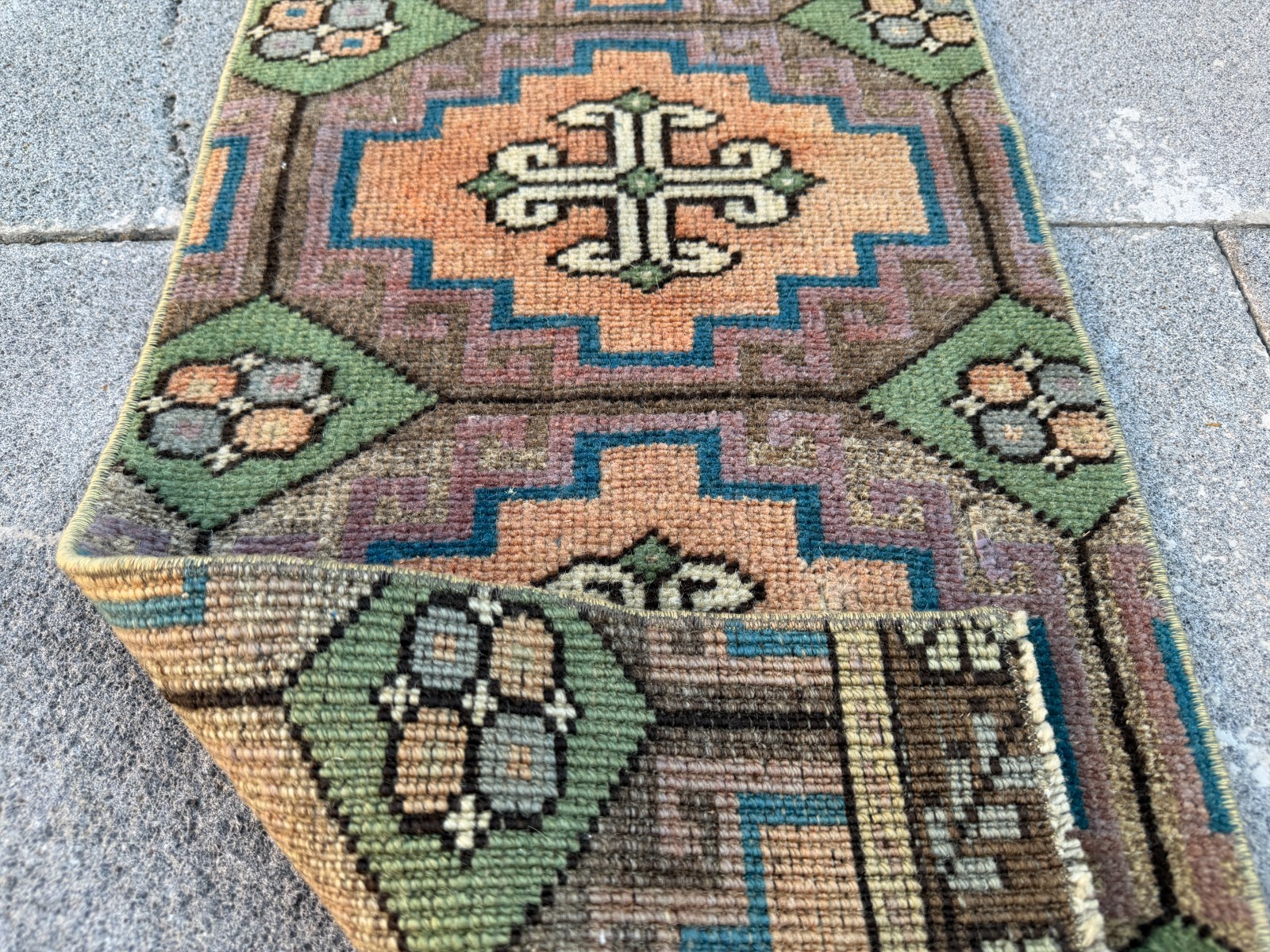 Vintage Turkish Rug 1.2×2.8 Ft Handmade Wool Anatolian Area Rug Apricot Tribal