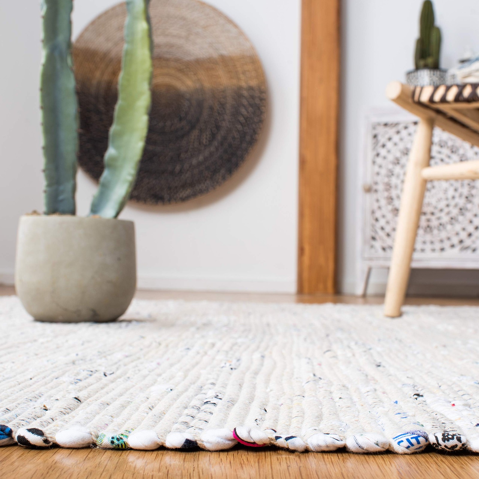Rag Rug Collection Area Rug – 4′ Square, Ivory & Multi, Handmade Boho Stripe …