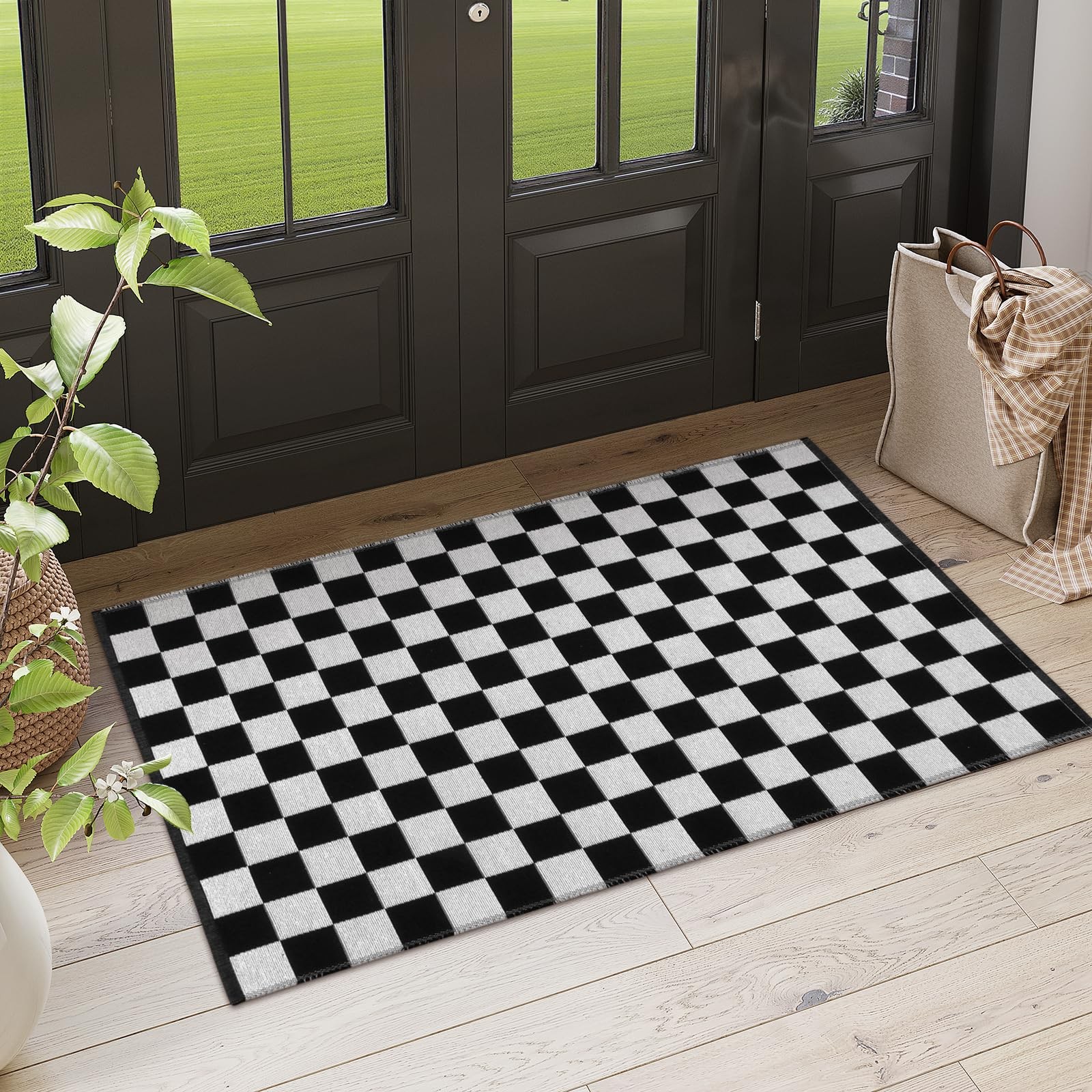 Checkered Rug, 2×3 Ft Black and White Moroccan Checkerboard Rug Washable Cott