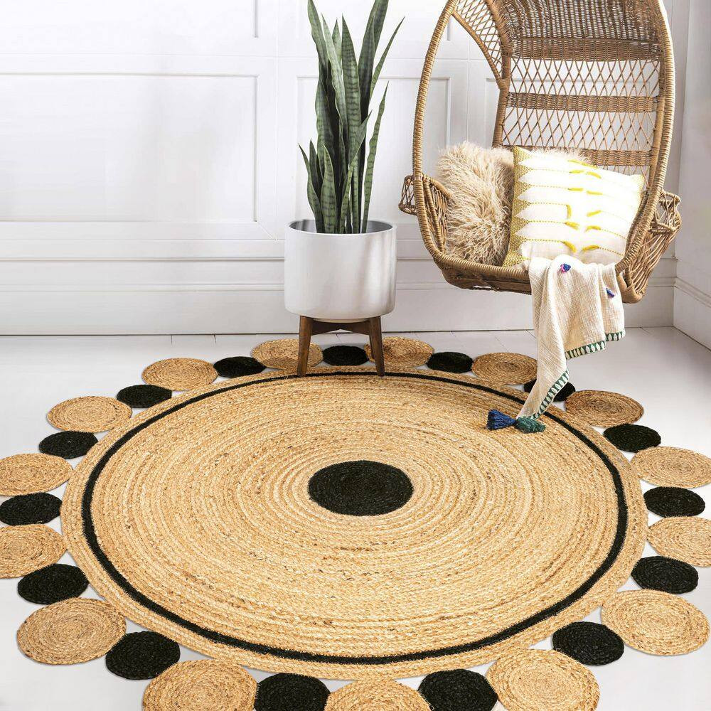 Aurora 2-Tone Jute Hippy Circle Medallion Black/Natural 6 Ft. round Area Rug
