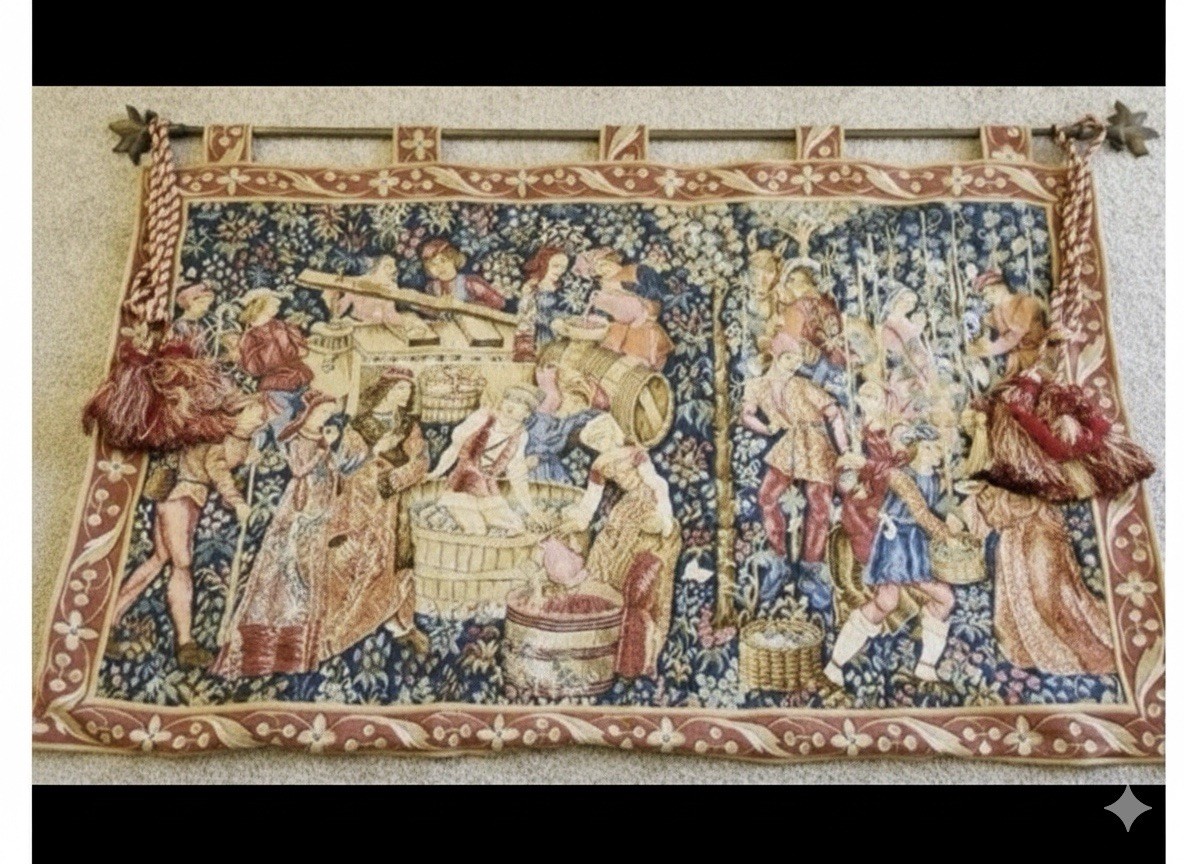 Vintage French Tapestry Stunning Tapestry w/Hanging Rod & Tassels 52”x34”