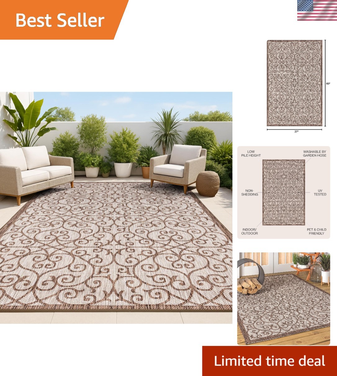 Stylish 3’1″ x 5′ Vintage Rug – Water-Resistant, Perfect for Patios and Porches