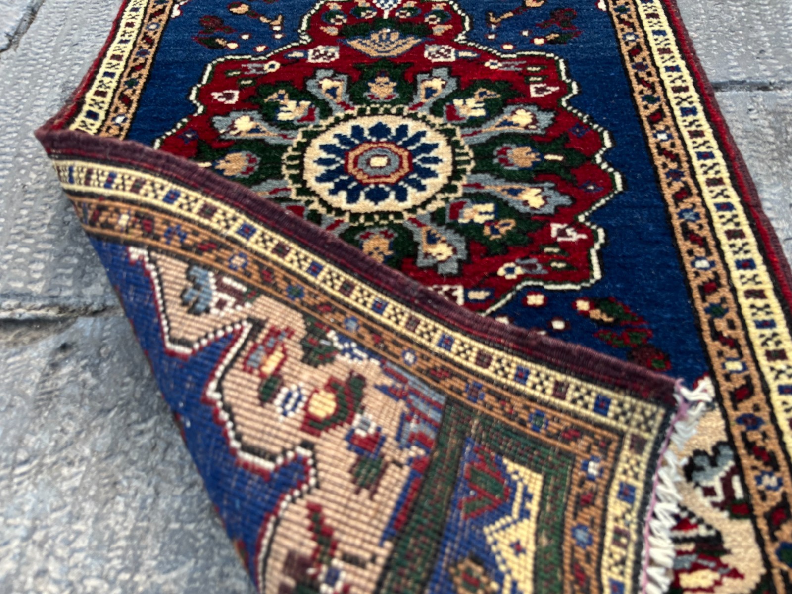 Small Vintage Turkish Rug 1.7×3.2 ft Navy Blue Red Wool Boho Mat 20×38 in