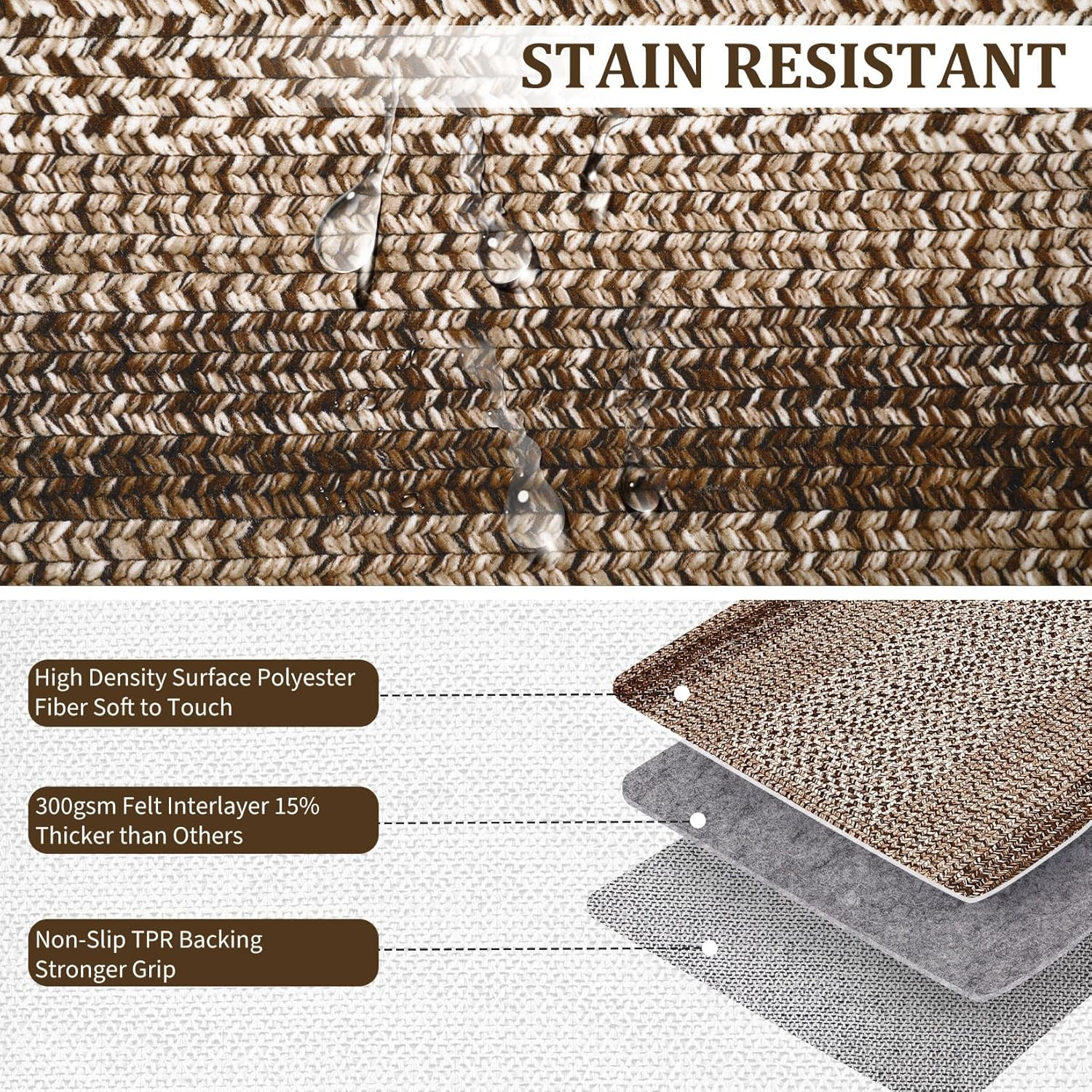 Braided Farmhouse Area Rug 10×13, Washable, Non-Slip, Stain Resistant, Brown